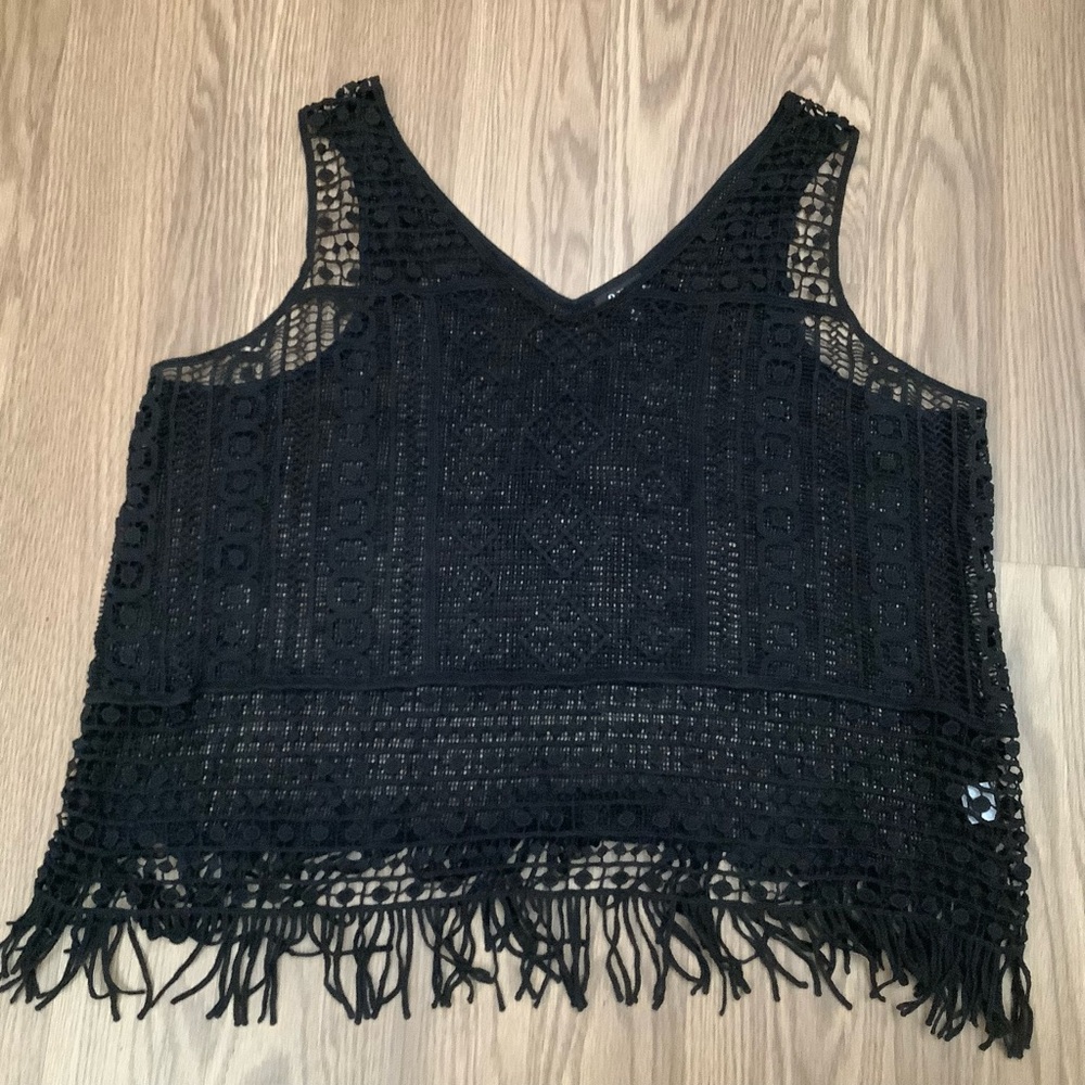 Ana A New Approach Black Crochet Fringe Tank Top Women’s Size X1 Cotton